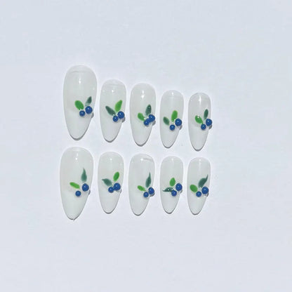 Blueberry Press On Nails | Hand Painted Fruit Nail Art | White Soft Base Cute Summer Fake Nail Set