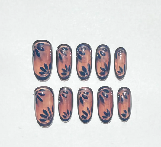 Nude And Black Leaf Press On Nails |Neutral Gradient Short Nails | Minimalist Botanical Fake Nails