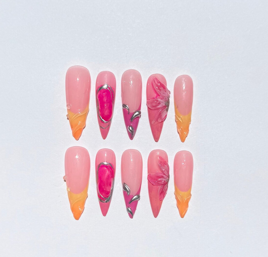 Hot Pink Gradient Long Stiletto  Press On Nails with Orange Flames | Metallic and 3D Floral Nail Art