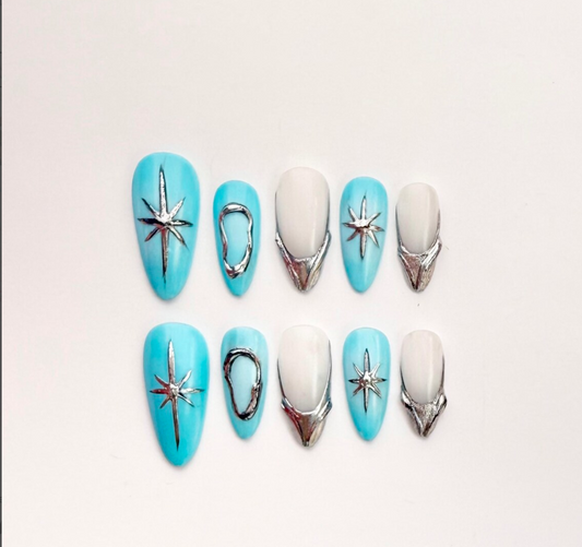 Blue Chrome Star Long Stiletto Press On Nails |Silver Outline 3D Design |Trendy Celestial Nails