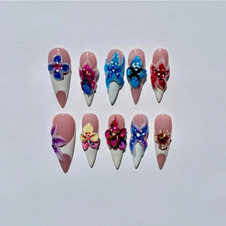 3D Floral Acrylic Press On Nails |Handcrafted Flower Nail Art |Long Stiletto Nails |Colorful Spring Nail Design |Nature Inspired & Classy