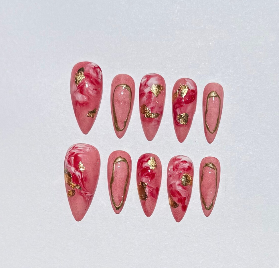 Pink Marble Press On Nails with Gold Foil | Handmade Reusable Stiletto Nail Set | Elegant Swirl Design