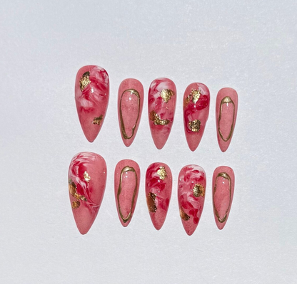 Pink Marble Press On Nails with Gold Foil | Handmade Reusable Stiletto Nail Set | Elegant Swirl Design
