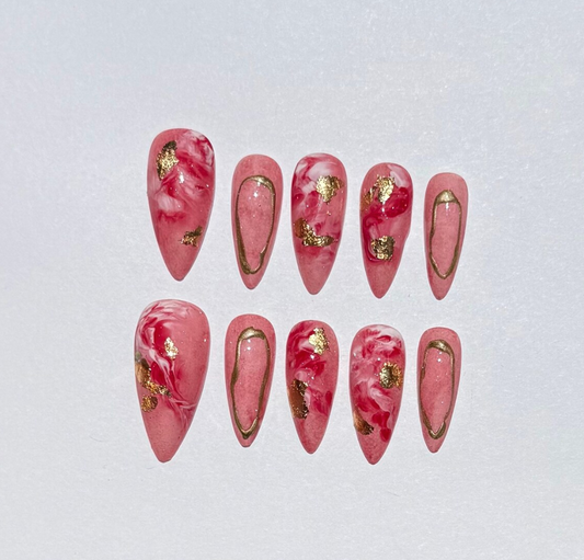 Pink Marble Press On Nails with Gold Foil | Handmade Reusable Stiletto Nail Set | Elegant Swirl Design