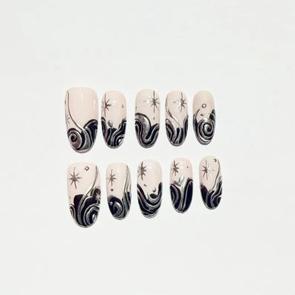 Black Silver Galaxy Swirl Press On Nails | Star Chrome Celestial Nail Art | Cream Base Fake Nails |