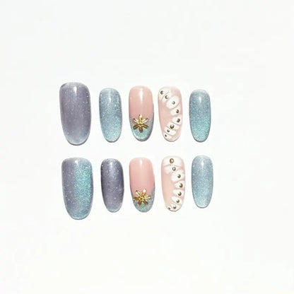 Mermaid Style Ocean Cat Eye Press On Nails | Shimmering Blue & Pink | Starfish And Pearl Details Nails