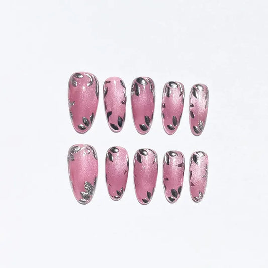 Soft Pink Press On Nails | Silver Chrome Leaf Design | Handmade False Nails | Elegant Silver Leaf Nail Set