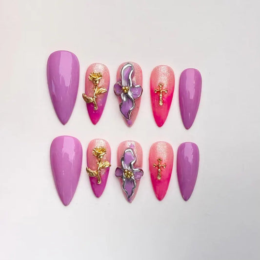 Luxury 3D Purple Ombre Floral Press On Nails | Gold Rose & Cross Accents | Long Coffin French Tips