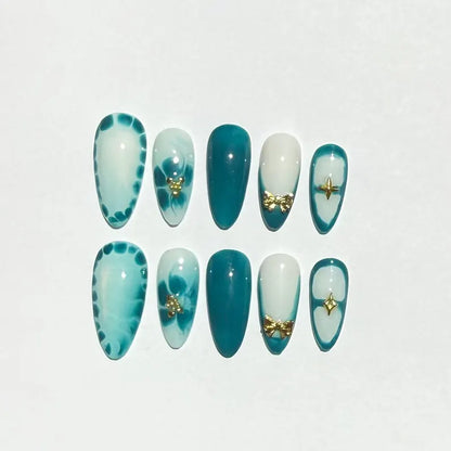 Teal Marble Press On Nails | Handmade Long Almond Gel Nails | Mini Bow, Star & Pearl Flower Charms