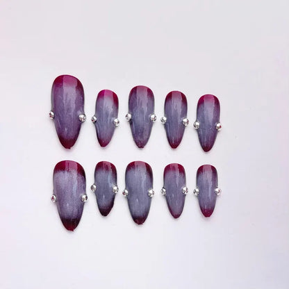 Dark Red to Gray Ombre Coffin Press On Nails |Handmade Gel Nails with Silver Rhinestones