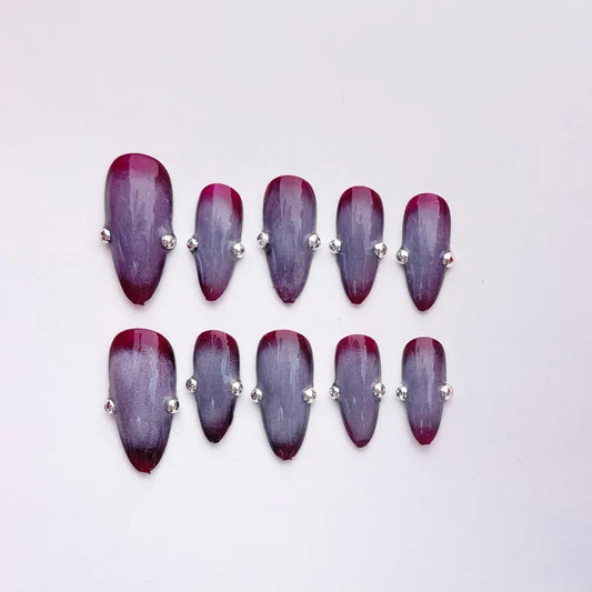 Dark Red to Gray Ombre Coffin Press On Nails |Handmade Gel Nails with Silver Rhinestones