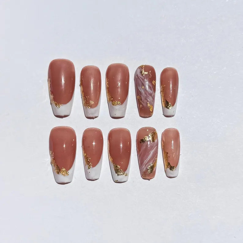 White French Tip Press On Nails | Handmade Nude Base Coffin Gel Nails with Marble & Gold Foil Art