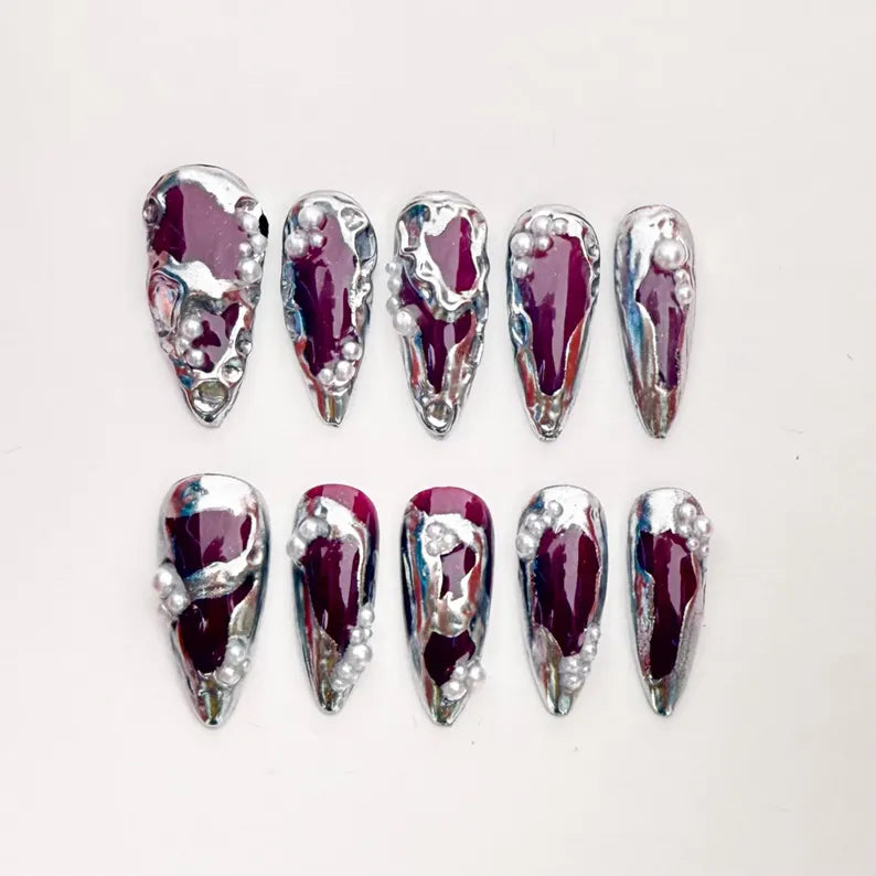 3D Chrome Burgundy Press On Nails | Silver Molten Metal Design with Pearls | Luxury Long Stiletto Nails