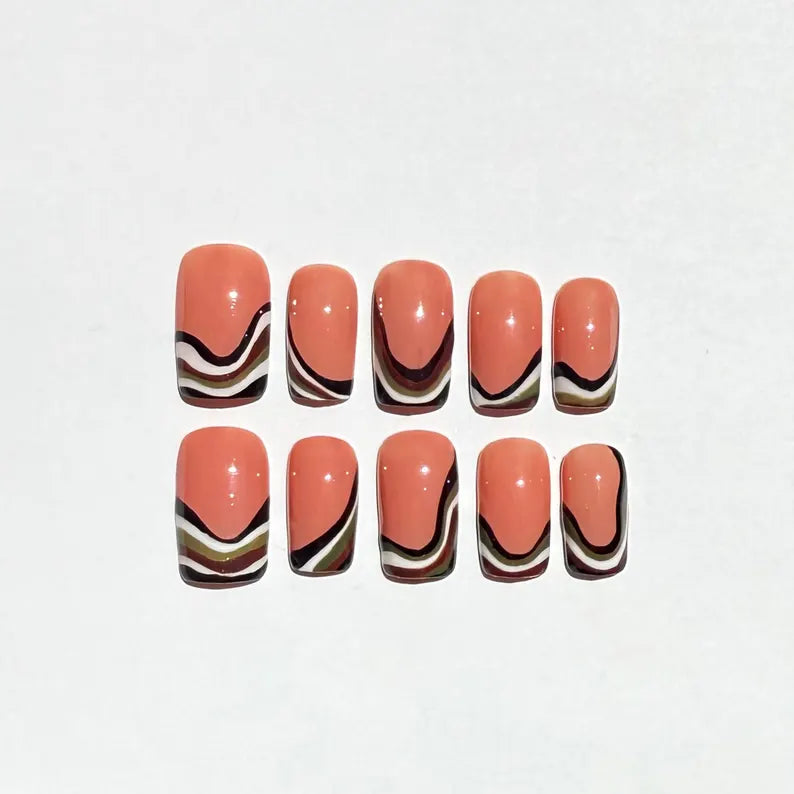 Retro Swirl Square Press On Nails |Coral Abstract Nail Set |70s Groovy Wave Nails