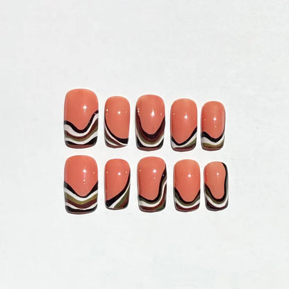 Retro Swirl Square Press On Nails |Coral Abstract Nail Set |70s Groovy Wave Nails