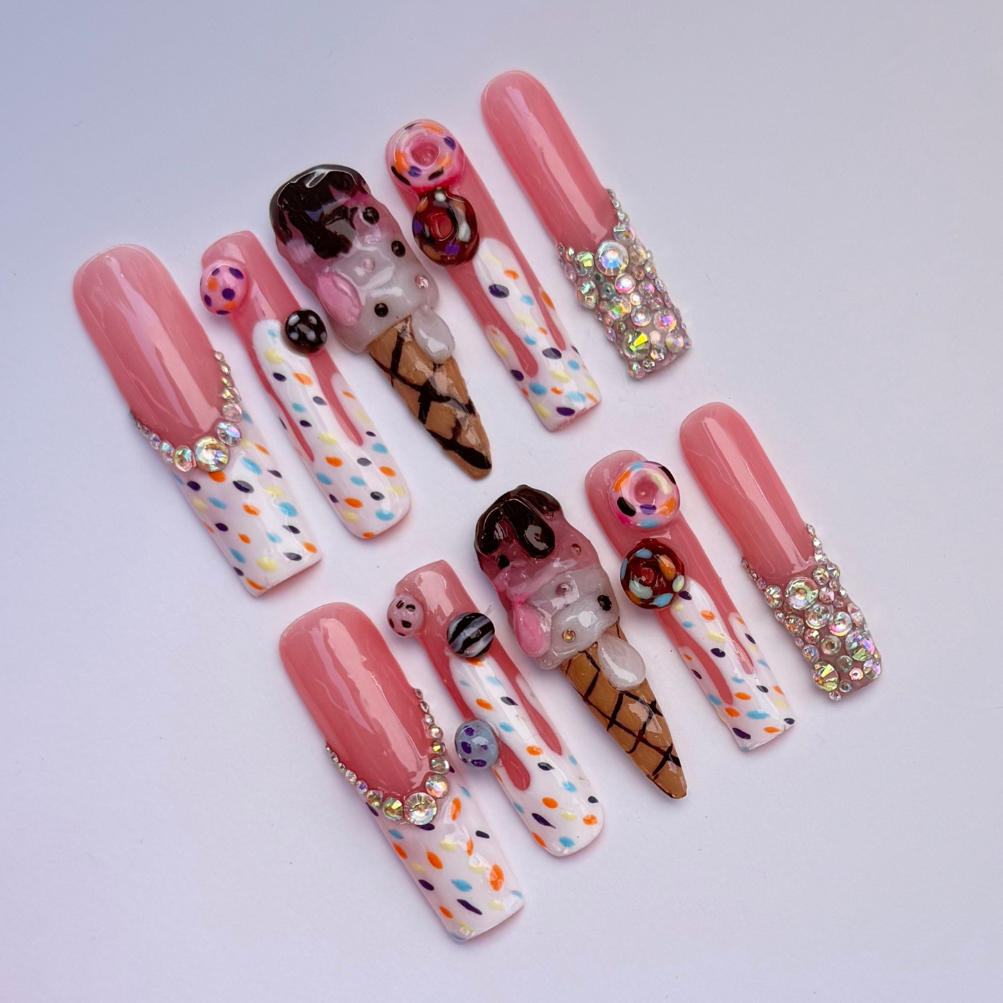 3D Kawaii Ice Cream Press-On Nails – Sprinkle & Rhinestone Dessert Set