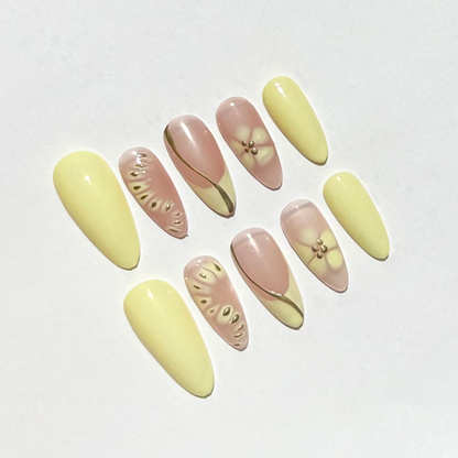 Pastel Yellow & Nude Floral Press-On Nails – Spring Almond Handmade Set