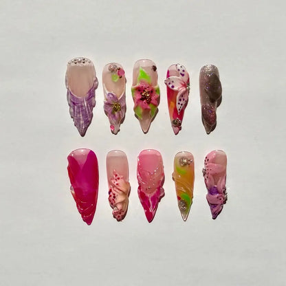 Bold Pink Purple Long Stiletto Press-On Nails