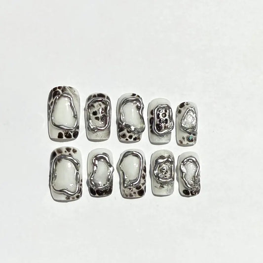 Silver Chrome Cute Cow Print Abstract Press On Nails | Metallic 3D Gel Nails | Black & White Animal Print Nail Set