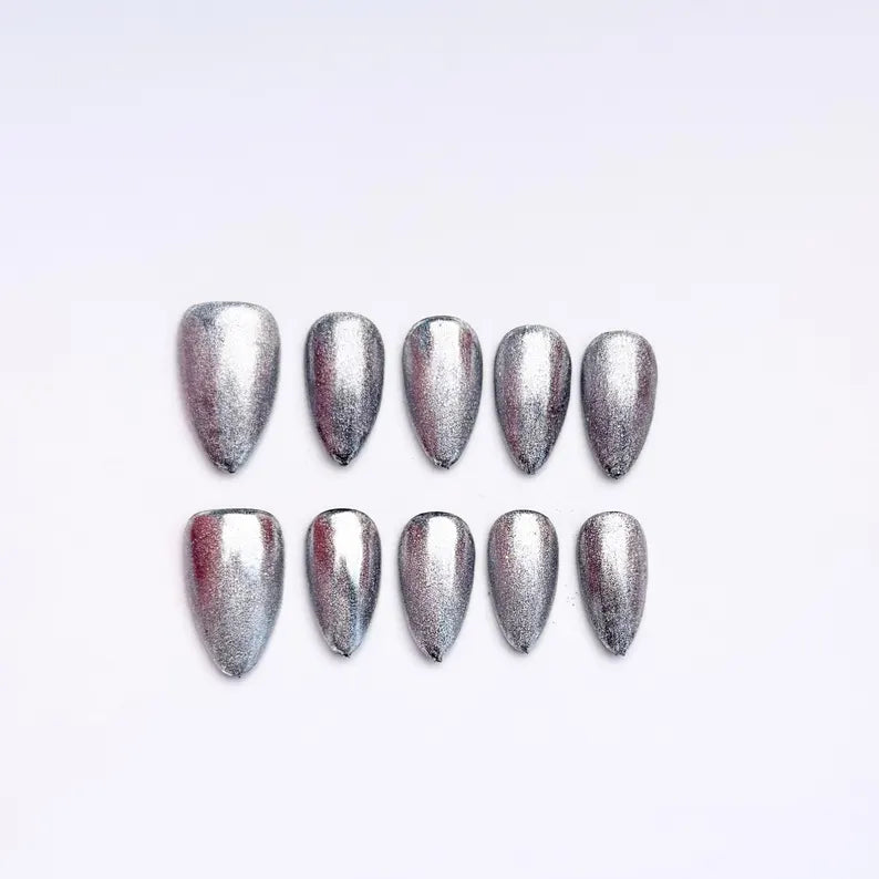 Silver Chrome Almond Press On Nails | Metallic Mirror Nail Set | Handmade Reusable False Nails