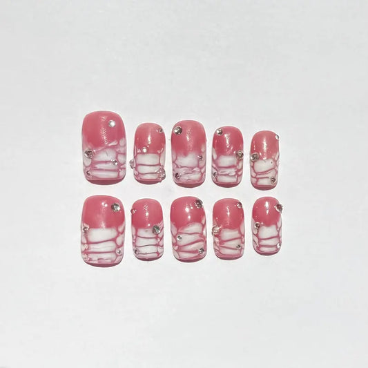 Pink Marble Rhinestone Press On Nails | Glossy Square Nail Set | Handmade Reusable False Nails