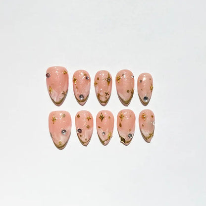 Romantic Pink and Golden Line Press-On Nails | Marble Art with Star Charms & Rhinestones