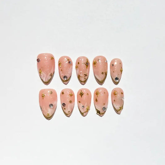 Romantic Pink and Golden Line Press-On Nails | Marble Art with Star Charms & Rhinestones