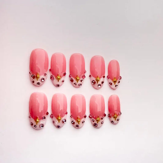 Pink Diamond Press On Nails| Pink & White French Tips with Stars and Rhinestones