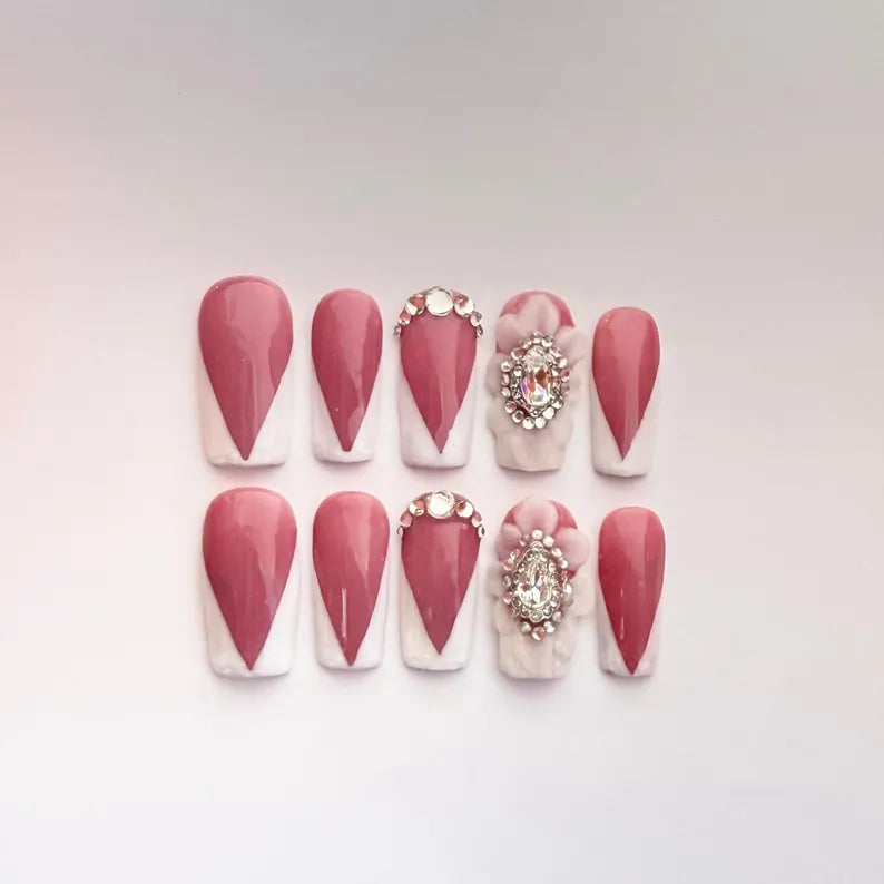 Square French Tip Press On Nails | White Tips with Rhinestones, Diamonds & Acrylic Flower