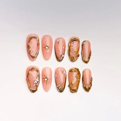 Pink and Gold Melted Edge Press On Nails |3D Border Design with Rhinestones |Star Gold Chrome Edges