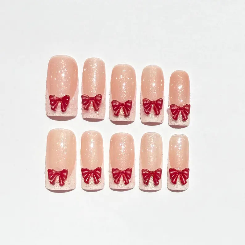 Soft Pink Glitter Press On Nails with 3D Red Bows |Cute Girly Nail Set |Valentine’s Day Nails