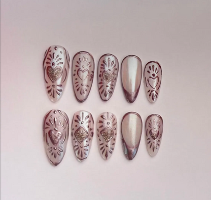 Rose Gold Chrome Press On Nails | Milky White Base with Rose Gold French Accent on Ring Finger