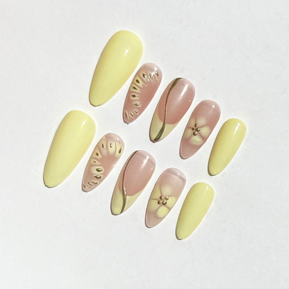 Pastel Yellow & Nude Floral Press-On Nails – Spring Almond Handmade Set
