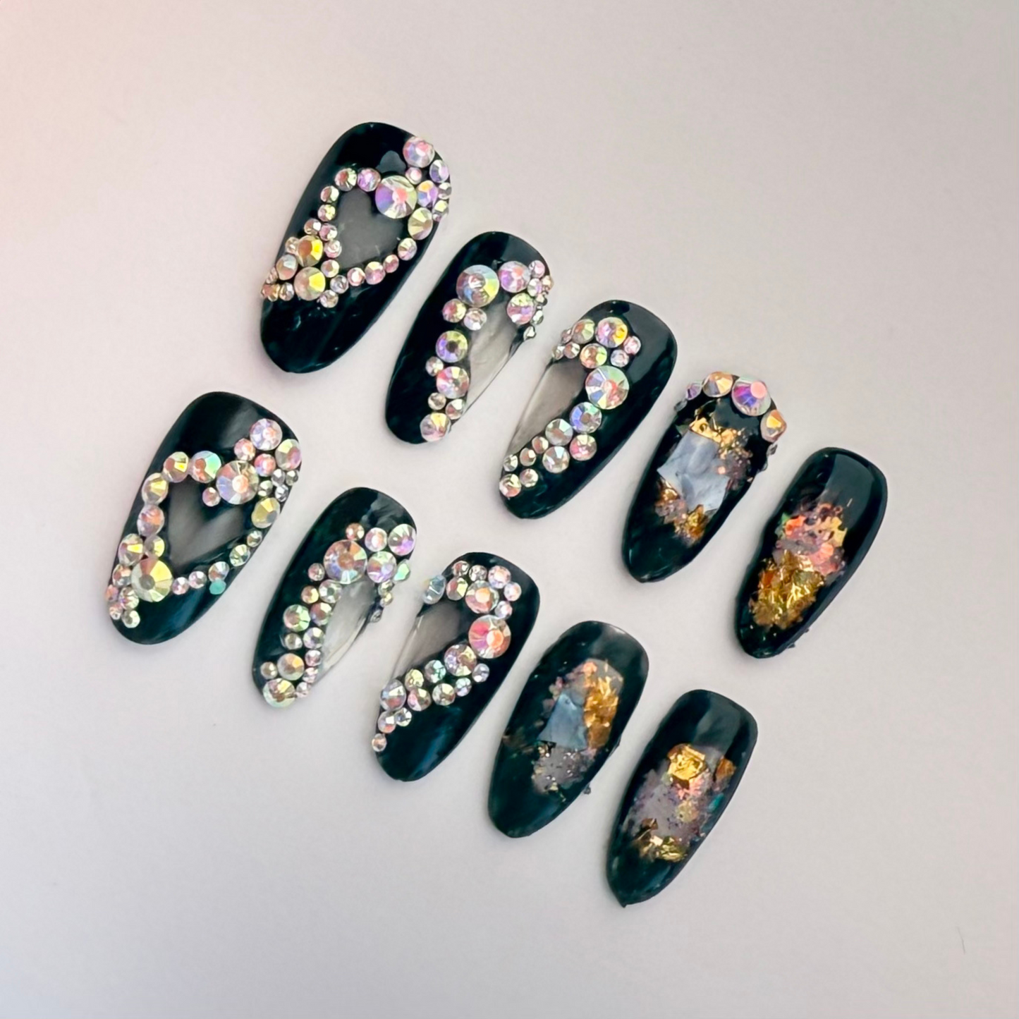 Black Rhinestone Heart Press-On Nails – Gold Foil
