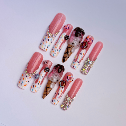 3D Kawaii Ice Cream Press-On Nails – Sprinkle & Rhinestone Dessert Set