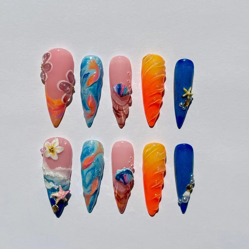 Mermaid Ocean Press On Nails – Beach-Inspired Stiletto Nail Art with Seashells, Starfish, 3D Flowers & Sunset Waves