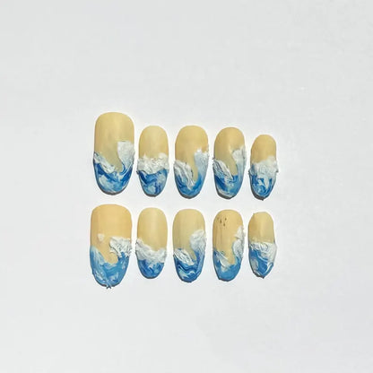 Ocean Wave Press On Nails | Beach Inspired Nail Art | Blue and White 3D Wave Design