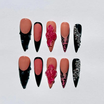 Black & Nude 3D Floral Stiletto Press-On Nails – Rhinestone Glam
