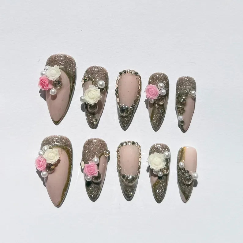 Nude Pink & Gold Glitter Press-On Nails – 3D Rose & Pearls