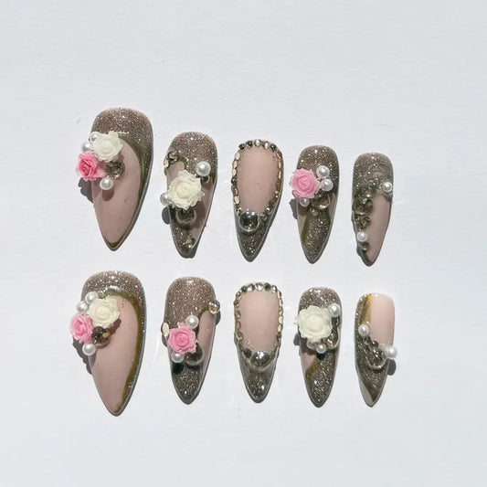 Nude Pink & Gold Glitter Press-On Nails – 3D Rose & Pearls