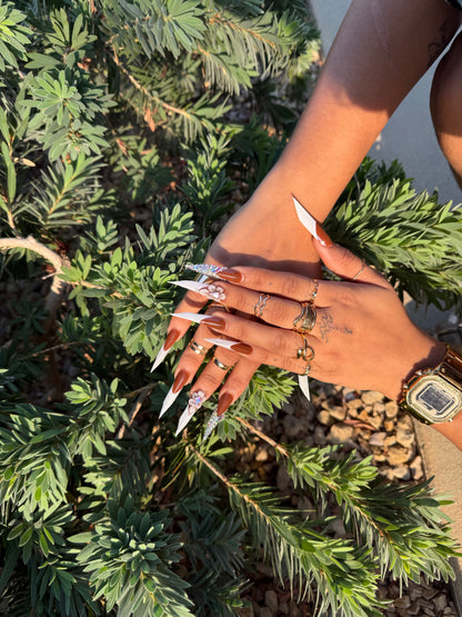 Brown Stiletto Press On Nails | French Tip Nails with 3D Flower & Rhinestones