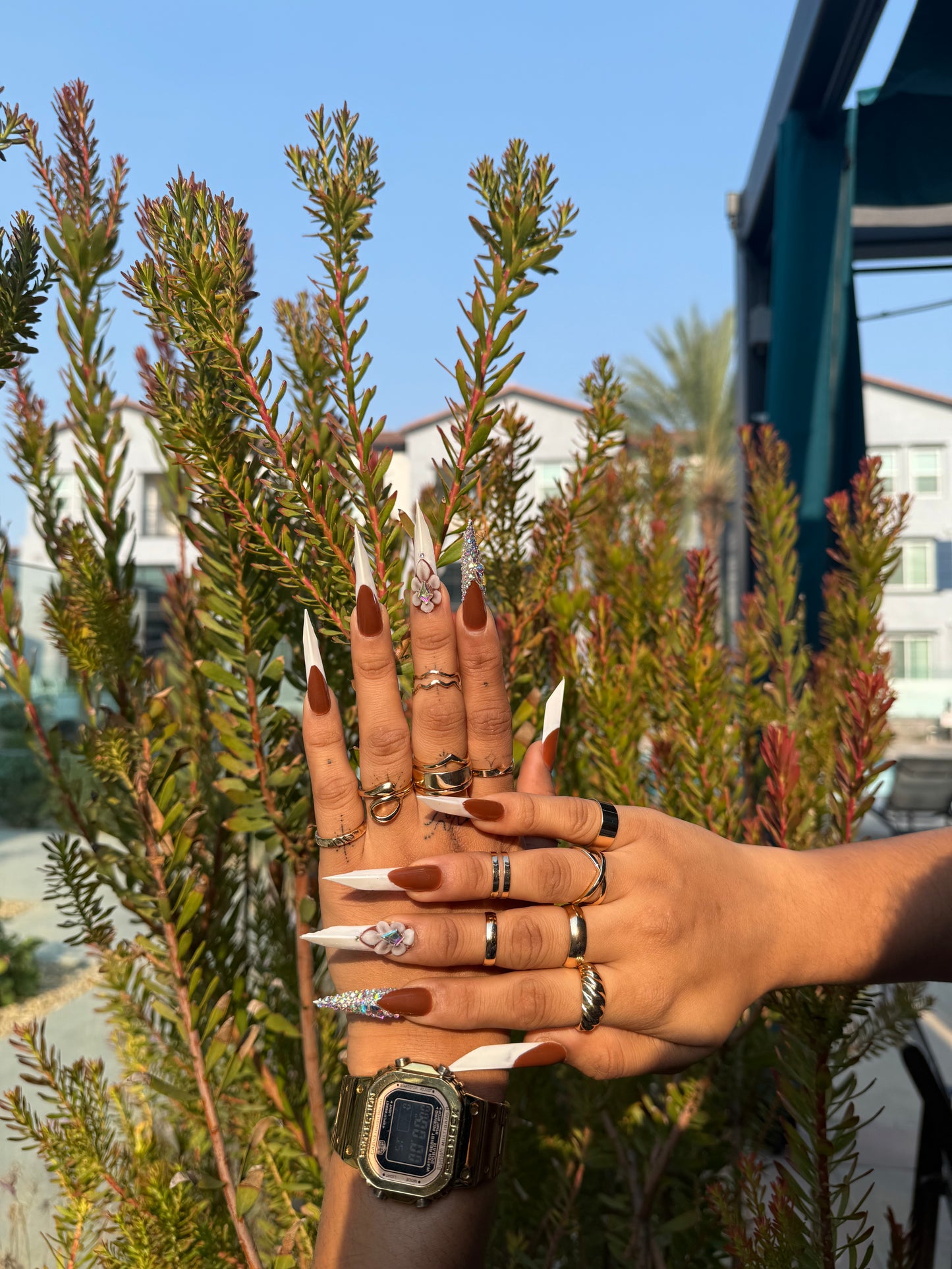 Brown Stiletto Press On Nails | French Tip Nails with 3D Flower & Rhinestones