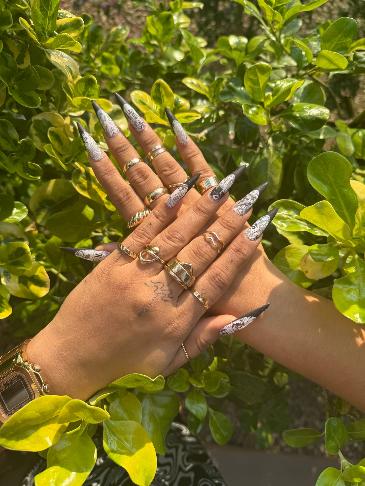 Retro Newspaper Design Press-On Nails | Black Long Stiletto Nails | Vintage Nail Art Set