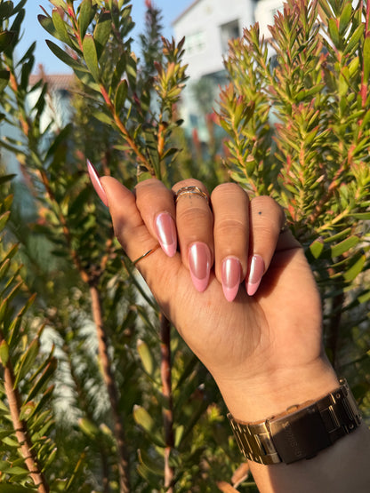Soft Pearl Pink Almond Press On Nails | Shiny Nude Rose Nail Set | Reusable Fake Nails