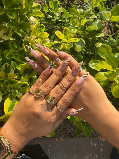 Leopard Print & Pink Floral Press-On Nails | Long Coffin Shape with Animal Print And 3D Flower Design