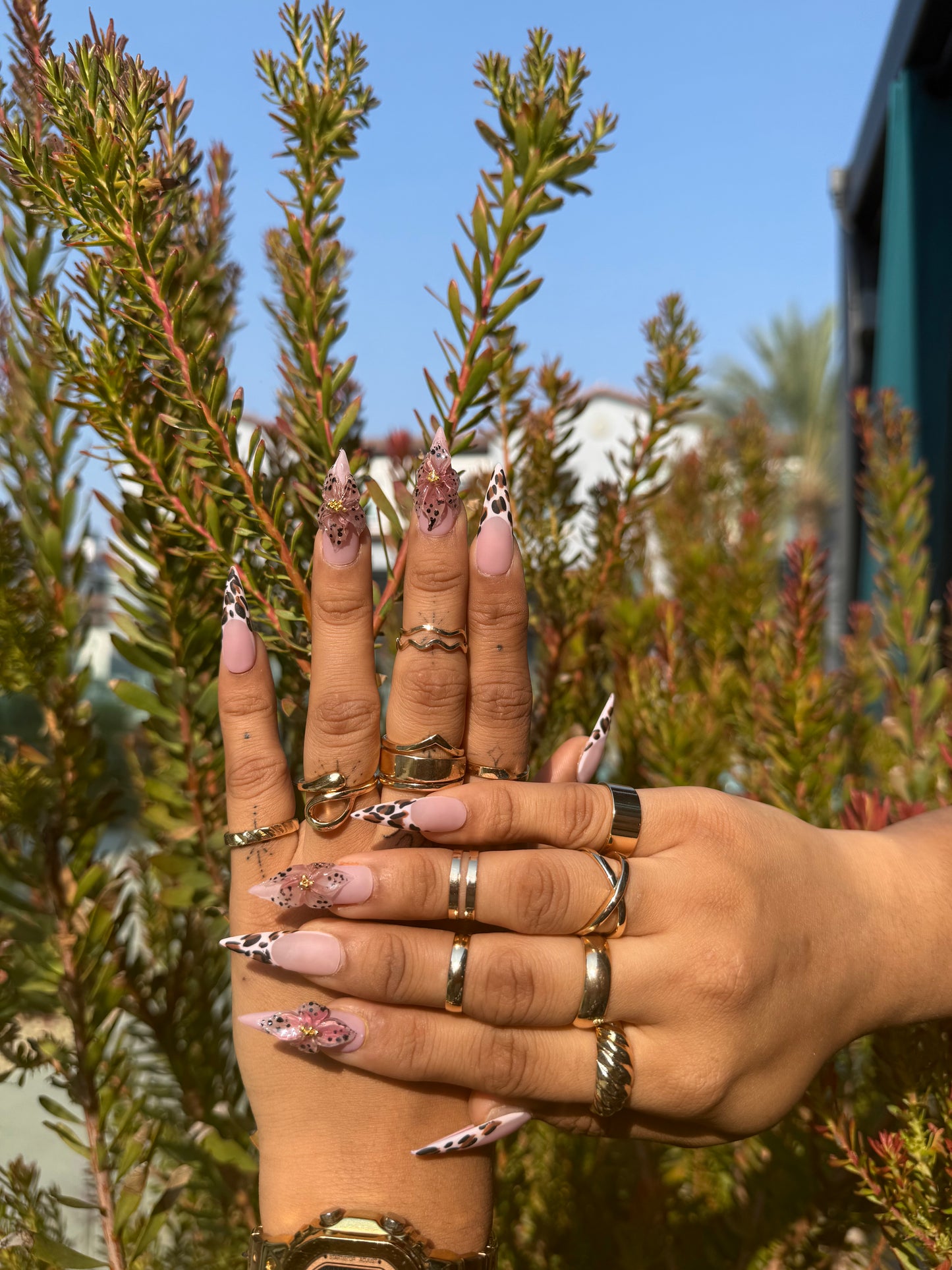 Leopard Print & Pink Floral Press-On Nails | Long Coffin Shape with Animal Print And 3D Flower Design