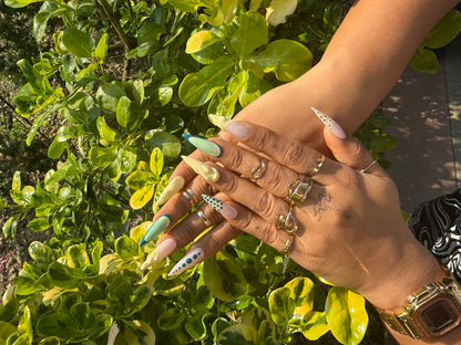 Green & Yellow Polka Dot Stiletto Press On Nails | Abstract Geometric Fake Nail Set