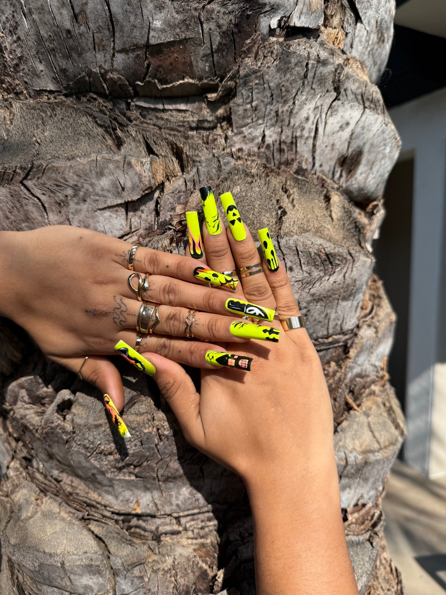 Neon Horror Halloween Press On Nails |Yellow Scary Face And Ghost Design |Spooky Graveyard & Drip,Pumpkin Nail Art