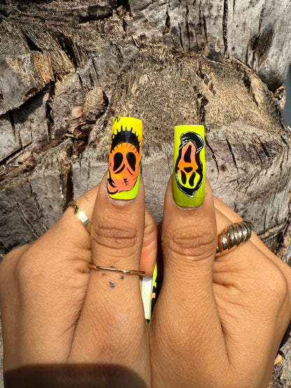 Neon Horror Halloween Press On Nails |Yellow Scary Face And Ghost Design |Spooky Graveyard & Drip,Pumpkin Nail Art