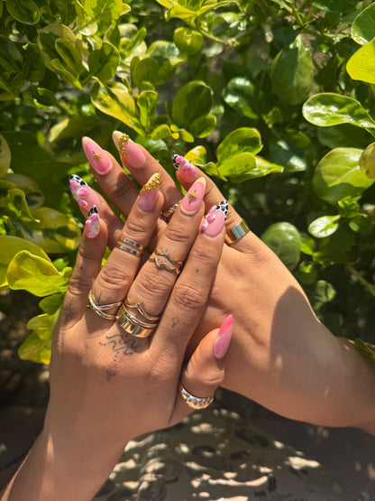 Pink Floral Press On Nails | Cow Print Accent Nails | Gold Charm Cute Nails | Almond Handmade Fake Nail Set